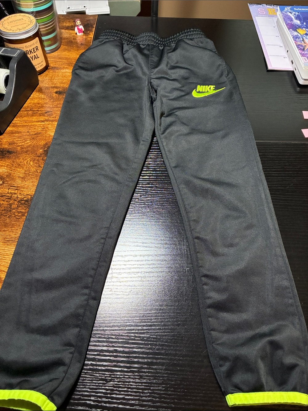 Nike Black Sweatpants with Neon Green Logo and Cuffs